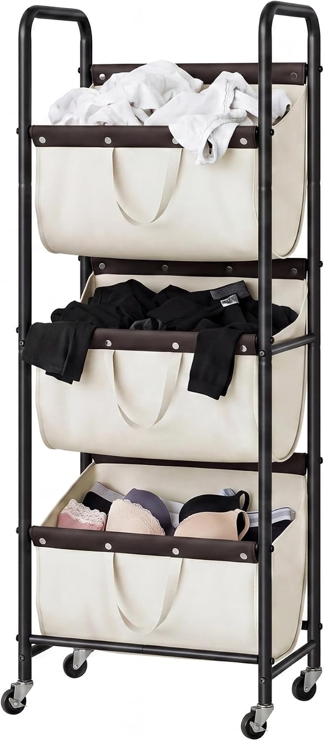 GRANNY SAYS 3 Tiered Laundry Sorter, Narrow Hamper Cart with Wheels | Sturdy 3 Section Laundry Basket with Wheels, Vertical Beige Hamper Cart for Bedroom, Bathroom, Apartment