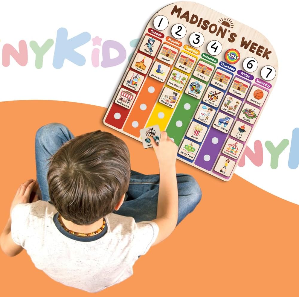 TinyKidz Wooden Daily Routine Chart 11x15, Schedule Board for Kids, Wooden Chore Chart for Kids, Responsibilities Chart for Toddlers, Morning Bedtime Routine for Toddlers