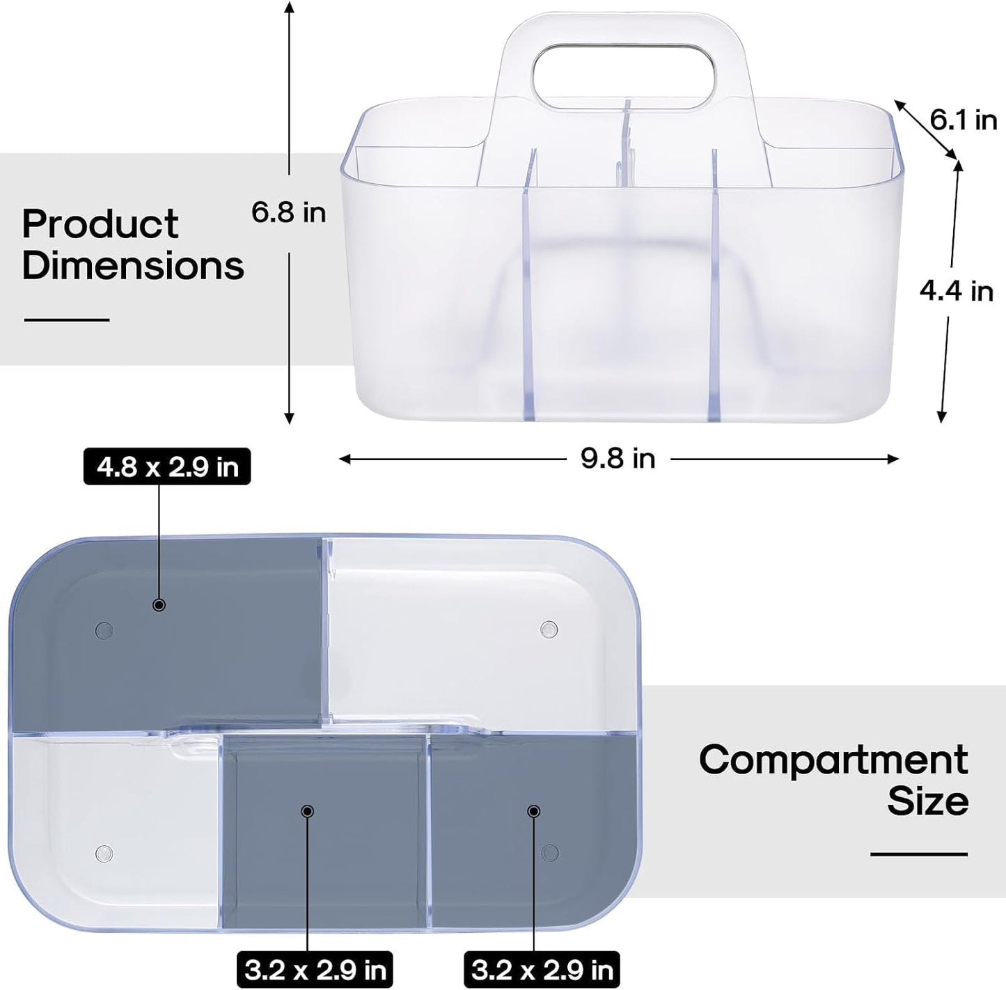 Multiuse Caddy Organizer with Handle, Portable Divided Plastic Tote Bin - Art Craft, Stationary Pen Marker Crayons, Makeup Hair Supplies Storage - Bathroom, Classroom, Dorm, Office, Desk Holder - Grey