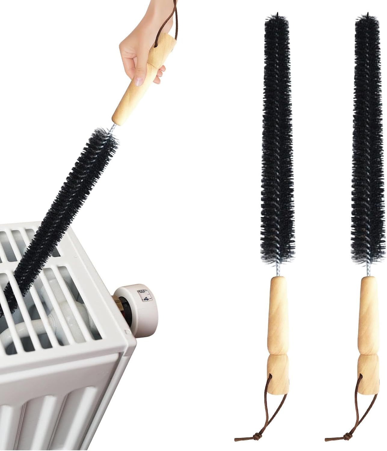 2pcs Radiator Brush, 40cm Long Reach Radiators Duster with Wooden Handle, Flexible Refrigerator Coil Brush Radiators Cleaner with Hanging Hook for Dryer Lint Vent Cleaning