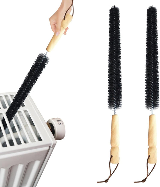2pcs Radiator Brush, 40cm Long Reach Radiators Duster with Wooden Handle, Flexible Refrigerator Coil Brush Radiators Cleaner with Hanging Hook for Dryer Lint Vent Cleaning