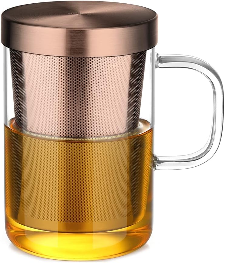 ecooe 16.9 OZ Borosilicate Glass Tea Mug Cup Glasses with Stainless Steel Infuser & Lid, Loose Leaf Tea Cup Clear Teacup 430mL(Use Capacity) | 500ml, Clear Glass Tea Cup, with Stainless Steel Infuser/Lid, Teacup for Loose Leaf Tea, Birthday for Parents