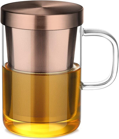 ecooe 16.9 OZ Borosilicate Glass Tea Mug Cup Glasses with Stainless Steel Infuser & Lid, Loose Leaf Tea Cup Clear Teacup 430mL(Use Capacity) | 500ml, Clear Glass Tea Cup, with Stainless Steel Infuser/Lid, Teacup for Loose Leaf Tea, Birthday for Parents