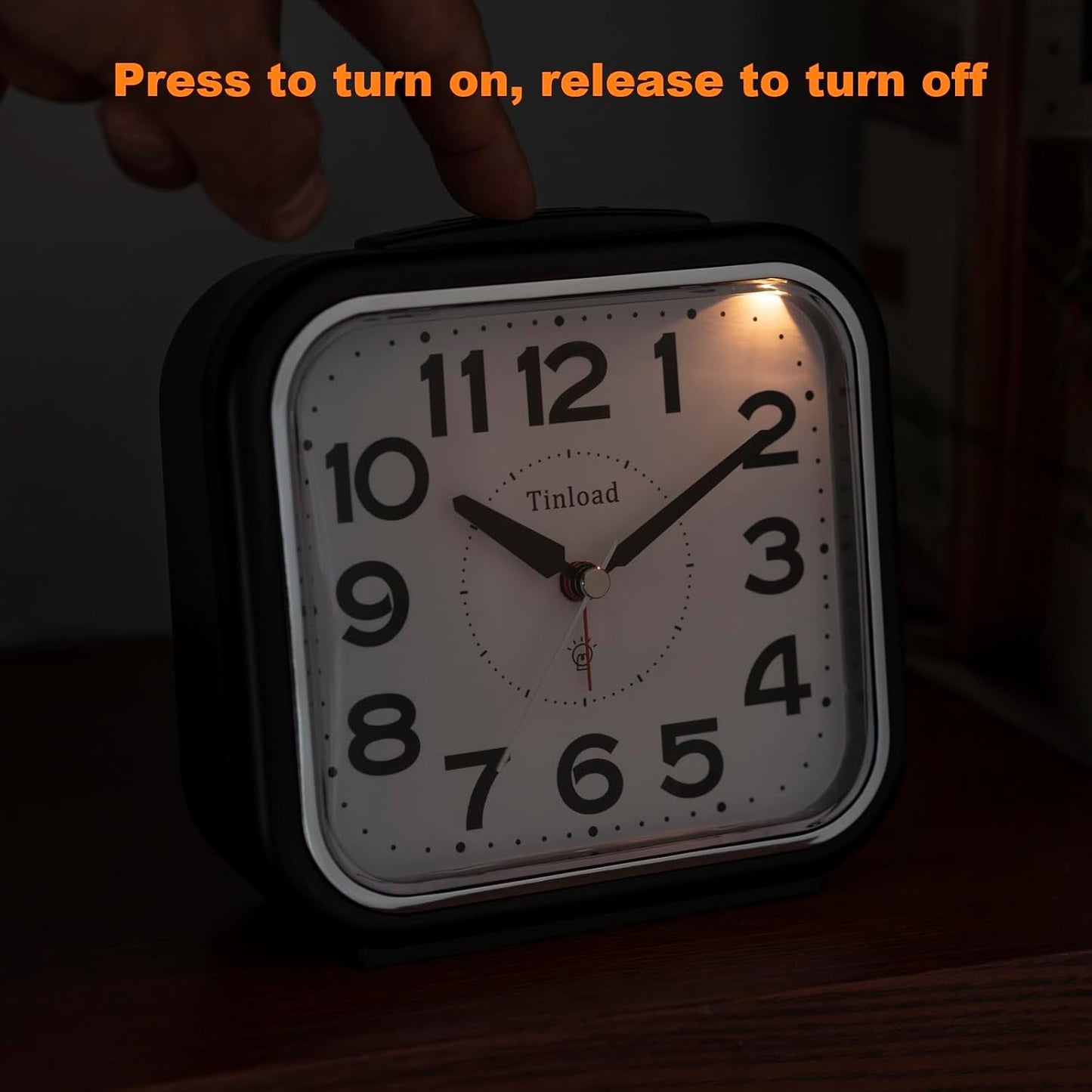 Tinload 5.5" Large No Ticking Analog Alarm Clock,Silent Readable for Seniors,Easy to Set,Gradual Rise Alarm,Big Numbers,Gentle Wake,Snooze, Lighted on Demand,Battery Operated,Black