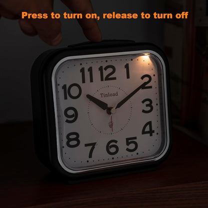 Tinload 5.5" Large No Ticking Analog Alarm Clock,Silent Readable for Seniors,Easy to Set,Gradual Rise Alarm,Big Numbers,Gentle Wake,Snooze, Lighted on Demand,Battery Operated,Black