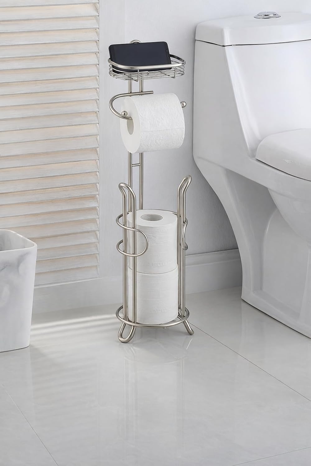 SunnyPoint Bathroom Heavyweight Toilet Tissue Paper Roll Storage Holder Stand with Reserve and Shelve, The Reserve Area Has Enough Space to Store Mega Rolls. (Chrome)