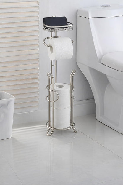 SunnyPoint Bathroom Heavyweight Toilet Tissue Paper Roll Storage Holder Stand with Reserve and Shelve, The Reserve Area Has Enough Space to Store Mega Rolls. (Chrome)