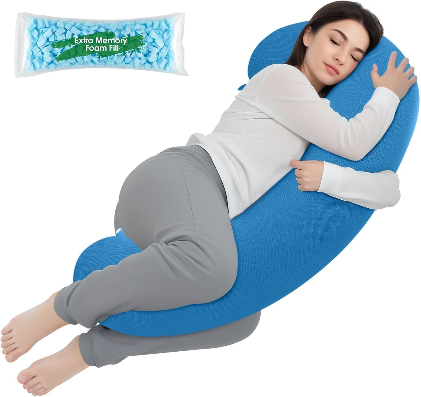 TranquilRelax C Shaped Body Pillow for Side Sleepers, Memory Foam Long Pillow for Leg, Hip & Back Support, Soft Washable Cover,Grey-47"*10"