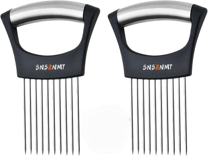 Onion Holder for Slicing, Upgrade Stainless Steel Onion Slicer Holder Lemon Slicer Vegetable Cutter, Assistant Tool for Slicing Fruit, Potato, Tomato and Meat (2 Pack)