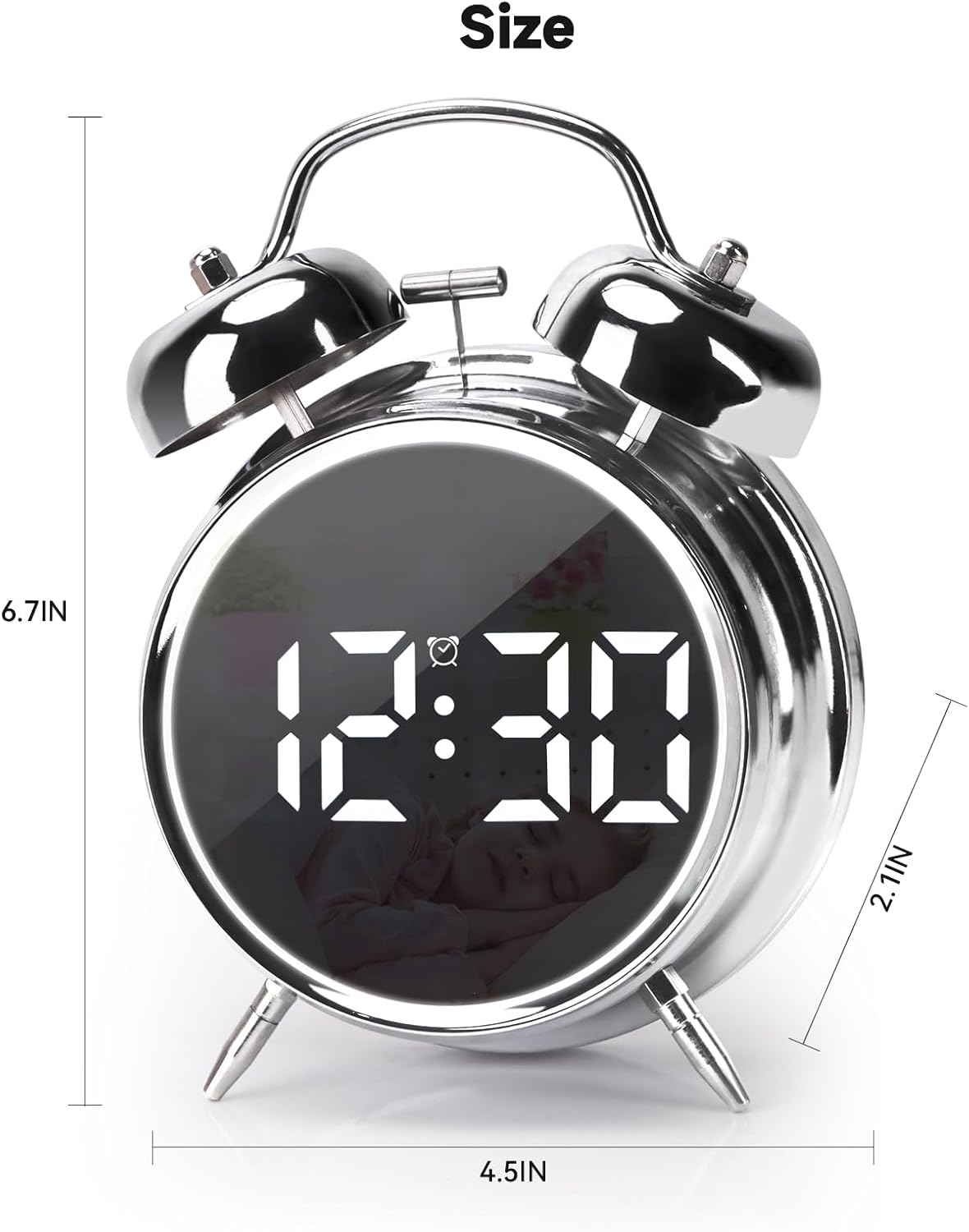 Digital Small Alarm Clock, 4.5 Inch Double Bell Electronic LED Alarm Clock, Plug in or Battery Operated Silent Metal Table Clock, Modern Loud Bedside Clock for Heavy Sleepers Adults Kids (Black)