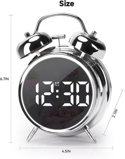 Digital Small Alarm Clock, 4.5 Inch Double Bell Electronic LED Alarm Clock, Plug in or Battery Operated Silent Metal Table Clock, Modern Loud Bedside Clock for Heavy Sleepers Adults Kids (Black)