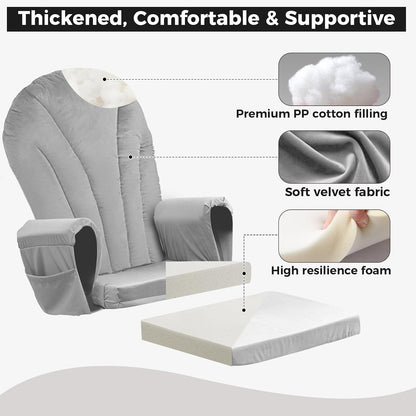 ANMINY 5pcs Glider Rocker Replacement Cushions Set with Ottoman Cushion, 3.5Inch Thickened Velvet Glider Rocking Chair Cushions with 29 inch High Backrest & Side Pockets for Indoor Nursery, Blue