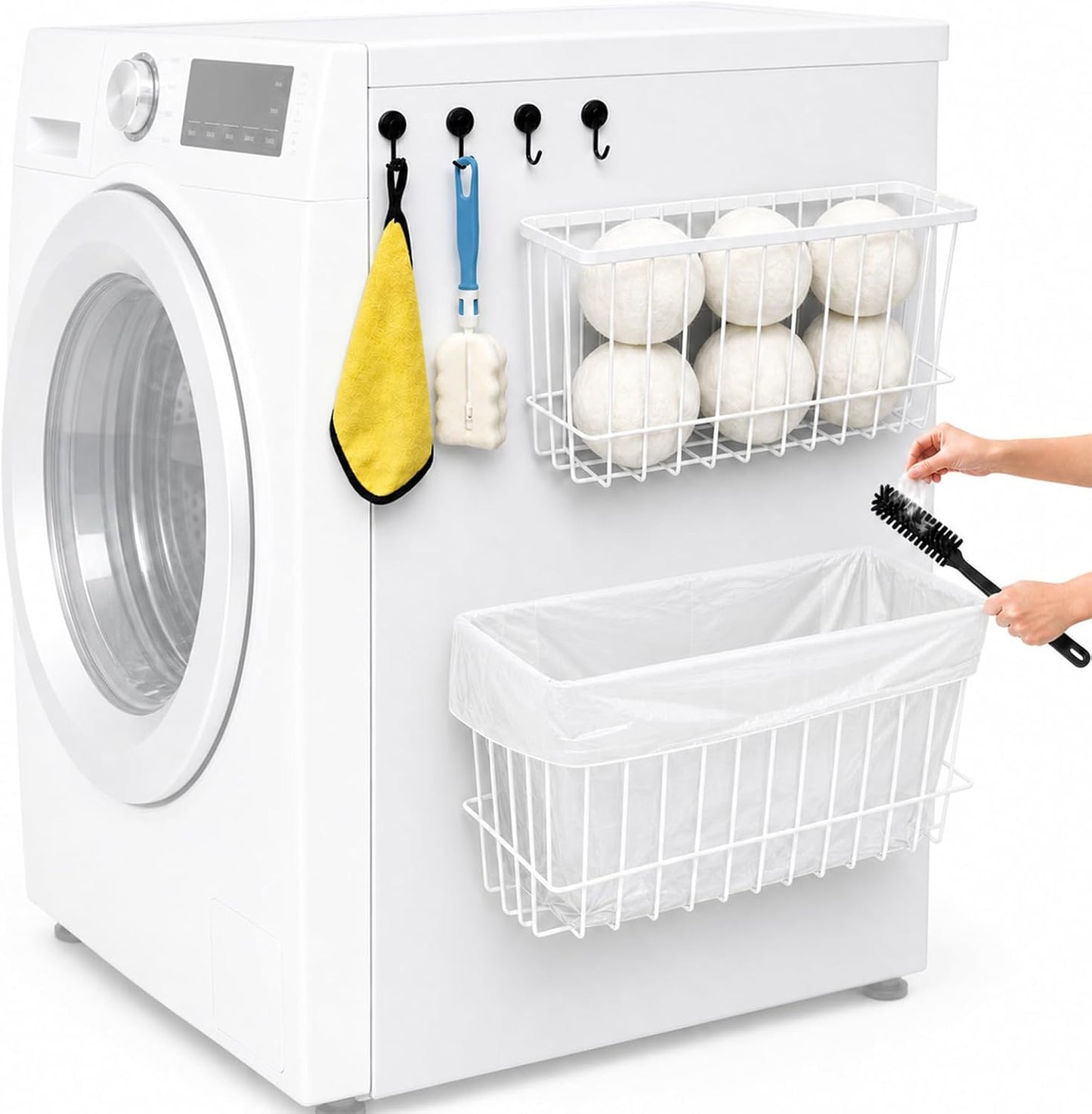 Magnetic Holder for Wool Dryer Balls & Lint Bin (2-Pack, Black) – Extra Long 14.2" & 10.4" Metal Laundry Trash Can – Washer Side Organizer with 4 Magnetic Hooks (Balls Not Included)