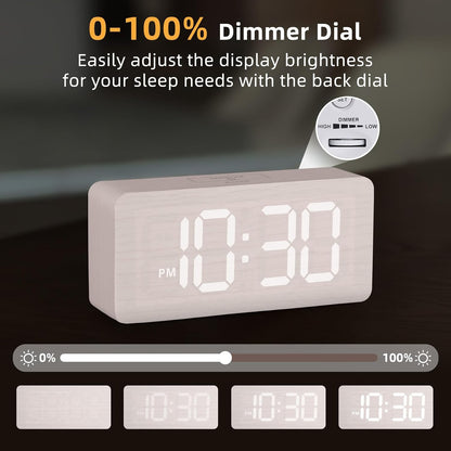 uscce Wooden Digital Alarm Clocks for Bedrooms with 0-100% Dimmable Display | Desk Clock with Large Numbers for Living Room - Loud Dual Alarm for Heavy Sleepers with Volume Control - Wood Decor & Gifts
