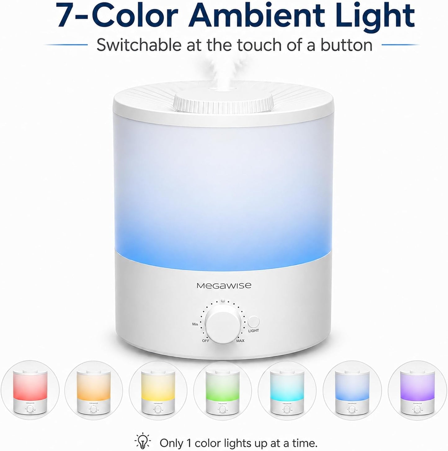 MEGAWISE 3.5L Cool Mist Humidifier – Ultra-Quiet Ultrasonic Vaporizer with Top-Fill Design, Essential Oil Diffuser, 7-Color Night Light & Auto Shut-Off