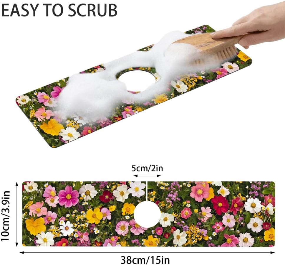 Bimkole 2 PCS Faucet Absorbent Mat, Kitchen Faucet Sink Splash Guard Wraparound Cloth Pads Drip Catcher for Sink Faucet for Kitchen Bathroom Faucet, Colorful Faucet Mat, 15 x 4 Inch Flower A6