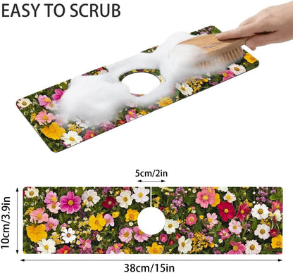 Bimkole 2 PCS Faucet Absorbent Mat, Kitchen Faucet Sink Splash Guard Wraparound Cloth Pads Drip Catcher for Sink Faucet for Kitchen Bathroom Faucet, Colorful Faucet Mat, 15 x 4 Inch Flower A6