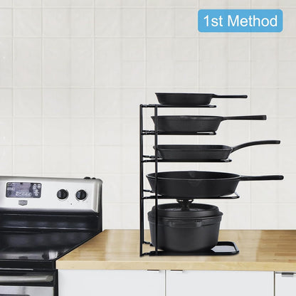 Toplife Heavy Duty Pan Organizer, 5 Tier Pot and Pan Organizer Rack for Cast Iron Skillets, Griddles and Pots - Sturdy Steel Construction- No Assembly Required - Black