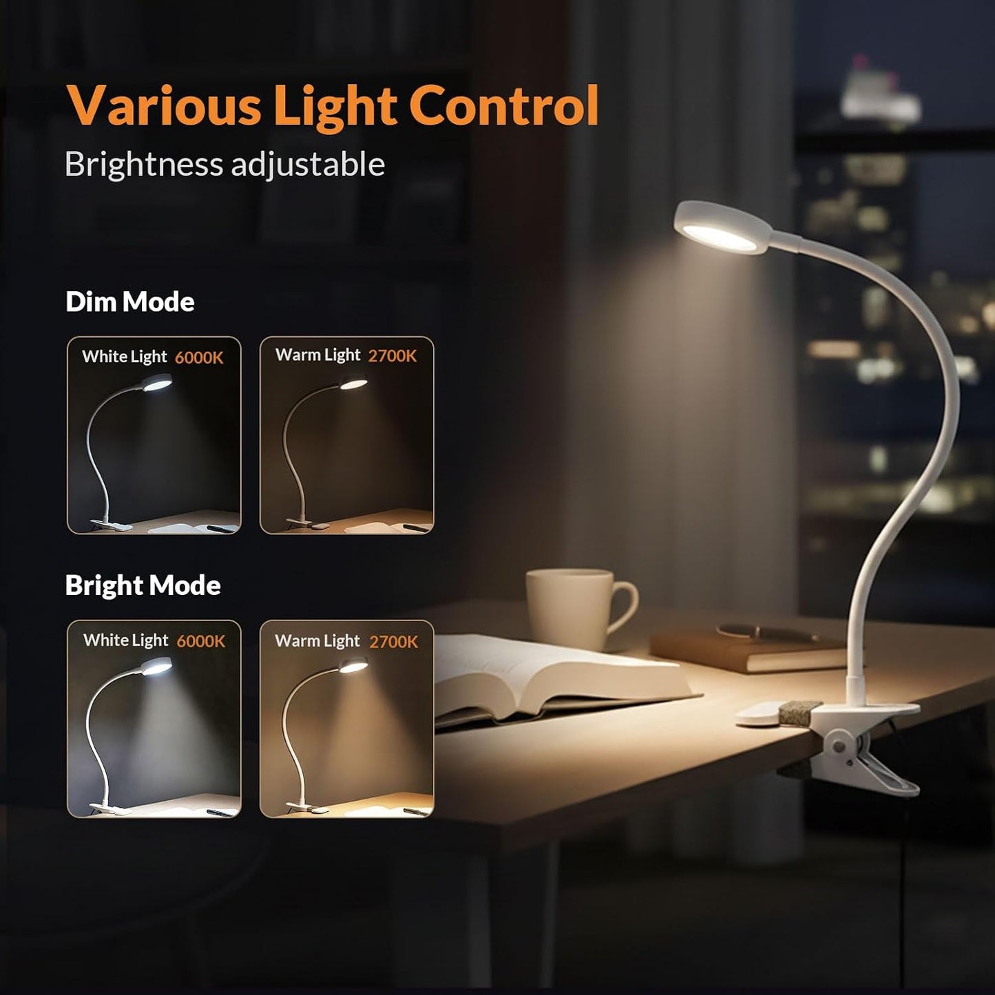 LEPOWER Clip on Light, Book Reading Lamp for Desk, Bed Headboard and Dorm | Adjustable Gooseneck, Color & Brightness Changeable, Adapter Included, LED Table Lamp for Computer, Bedside, Metal, White