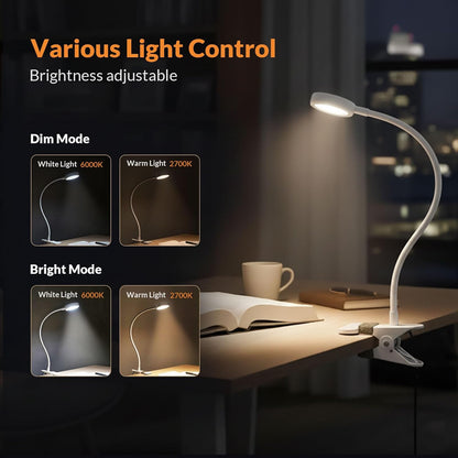 LEPOWER Clip on Light, Book Reading Lamp for Desk, Bed Headboard and Dorm | Adjustable Gooseneck, Color & Brightness Changeable, Adapter Included, LED Table Lamp for Computer, Bedside, Metal, White