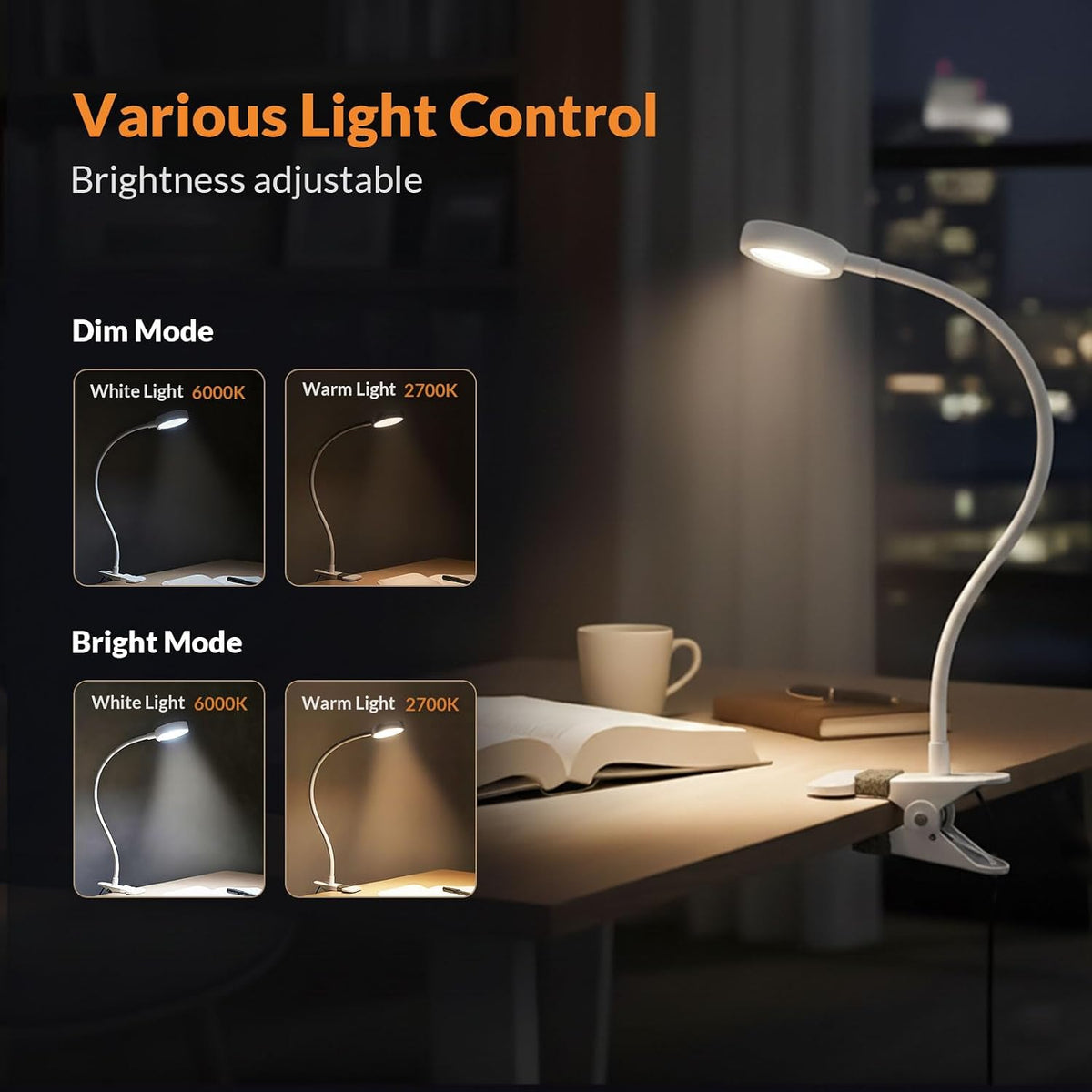 LEPOWER Clip on Light, Book Reading Lamp for Desk, Bed Headboard and Dorm