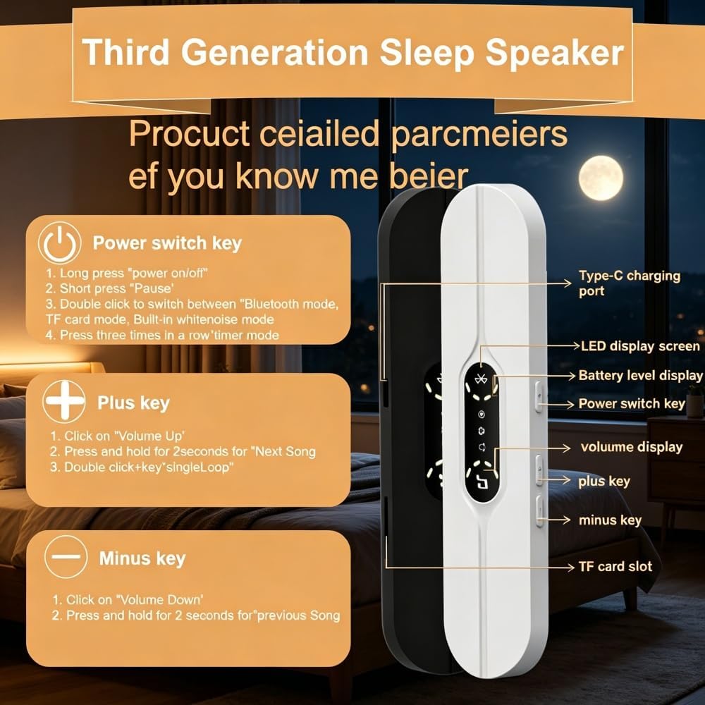 Pillow Speaker for Sleeping, Mini Bone Conduction Portable Sleep Aid with Stereo Bass, Bluetooth Sleep Bar for Deep Sleeping with White Noise, with Volume Control-Supports TF Function 1