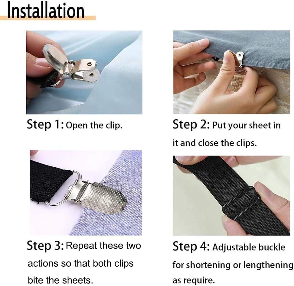 Adjustable Bed Sheet Straps Clips, Elastic Mattress Sheet Fasteners Holder and Suspenders, Grippers to Hold Sheet, Mattress, Sofa, Couch, Table Cloth, Recliner Ironing Board Cover and More