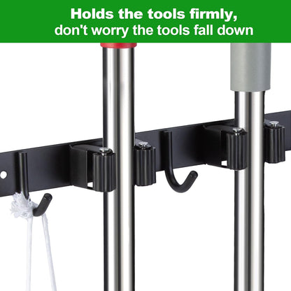 voze 5 Racks and 4 Hooks Mop and Broom Holder Wall Mount, Self Adhesive Heavy Duty Broom Hanger Organizer Storage Tool Racks for Kitchen Garden Laundry Garage