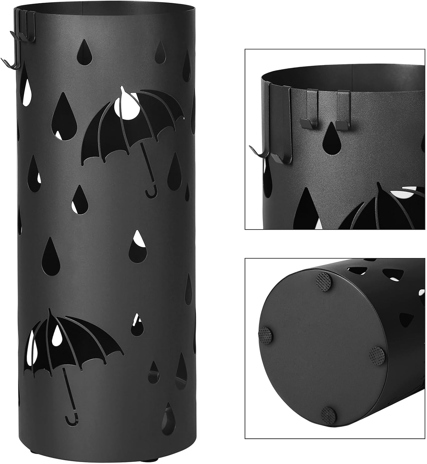SONGMICS Umbrella Stand, Metal Umbrella Holder for Entryway, with Water Tray and 4 Hooks, 7.7 x 7.7 x 19.3 Inches, Round, Ink Black ULUC23B