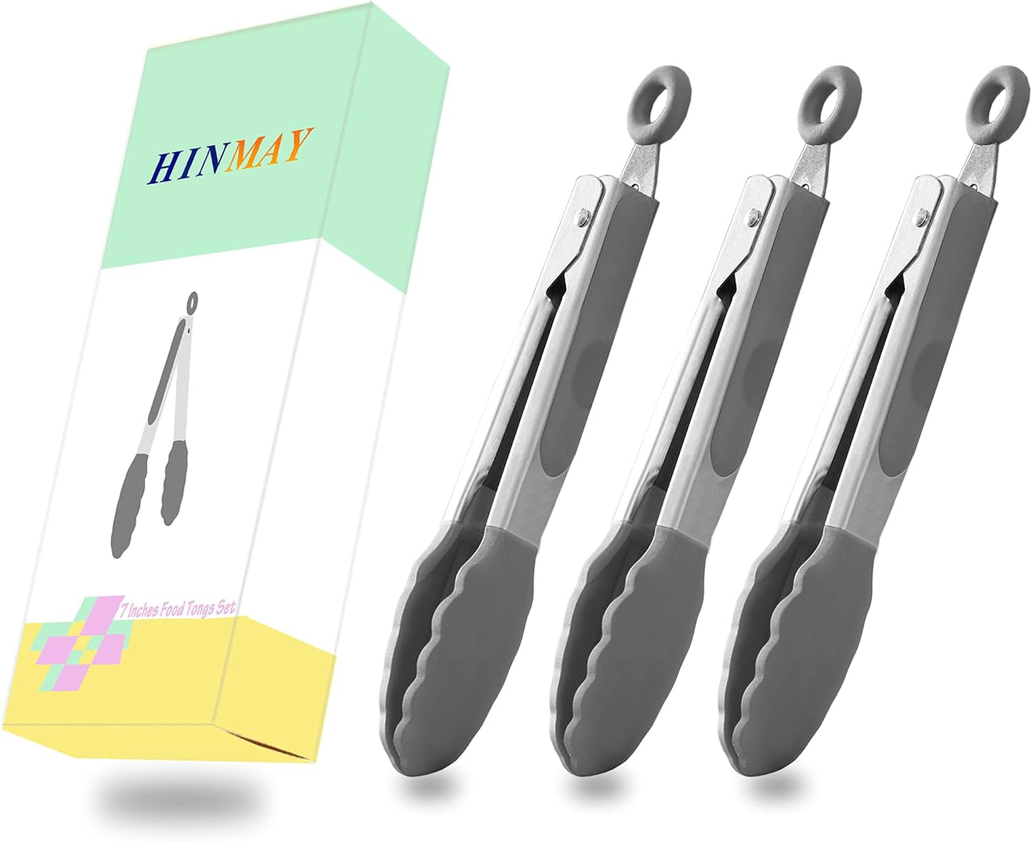HINMAY Mini Tongs with Silicone Tips 7-Inch Serving Tongs, Set of 3 (Red Blue Green)