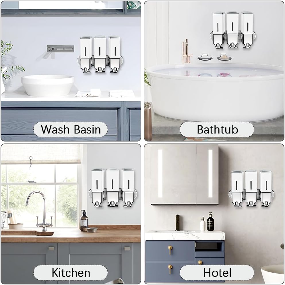 3 in 1 Chamber Wall Mounted Shampoo and Conditioner Dispenser (Silver) | No Drill Shower Soap Dispenser for Bathroom & Hotel Leak-Proof Pumps, Easy Installation and Large Capacity
