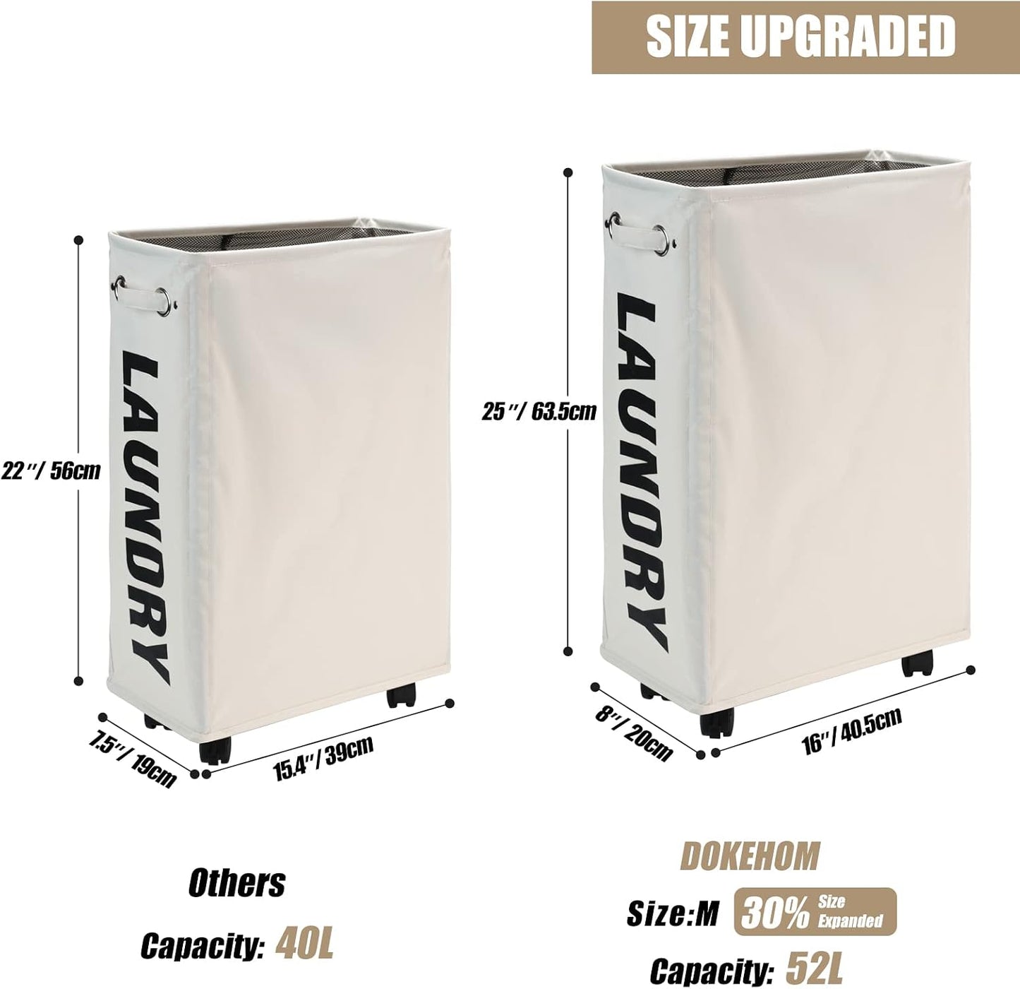 DOKEHOM 25" Slim Rolling Laundry Basket Hamper, Narrow on Wheels, Grey | Collapsible narrow laundry hamper with mesh drawstring closure. Foldable corner clothes storage bin for small spaces