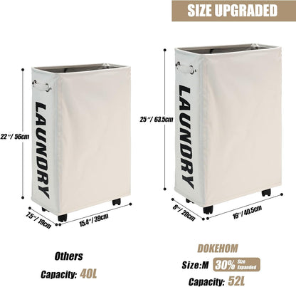 DOKEHOM 25" Slim Rolling Laundry Basket Hamper, Narrow on Wheels, Grey | Collapsible narrow laundry hamper with mesh drawstring closure. Foldable corner clothes storage bin for small spaces