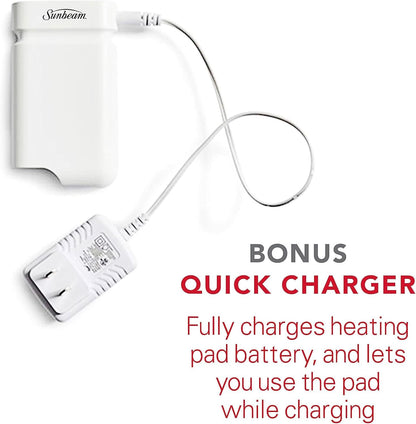 Sunbeam Cordless Rechargeable Heating Pad, Portable 9.5" x 12", Machine-Washable, Pain Relief for Back, Shoulder, Neck, and Period Cramp Pain Relief