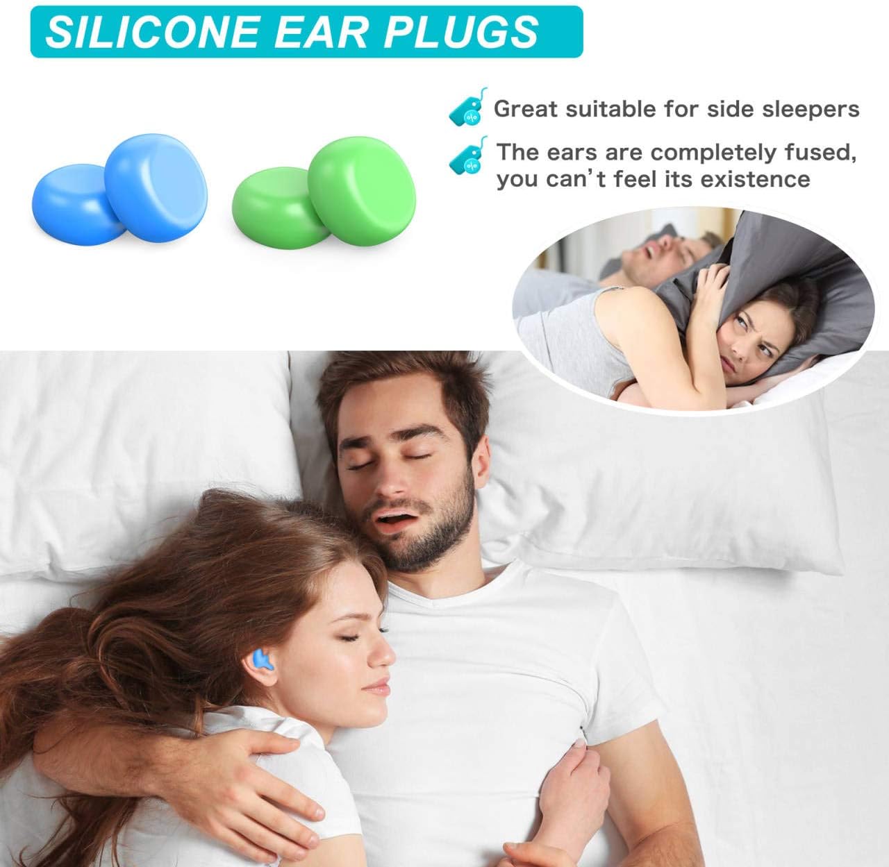 Silicone Ear Plugs for Sleeping Swimming,Reusable Moldable Noise Cancelling Earplugs for Shooting Range, Swimmers, Snoring, Airplanes, Travel, Work, Studying, (16-Pillows) (White, Medium)