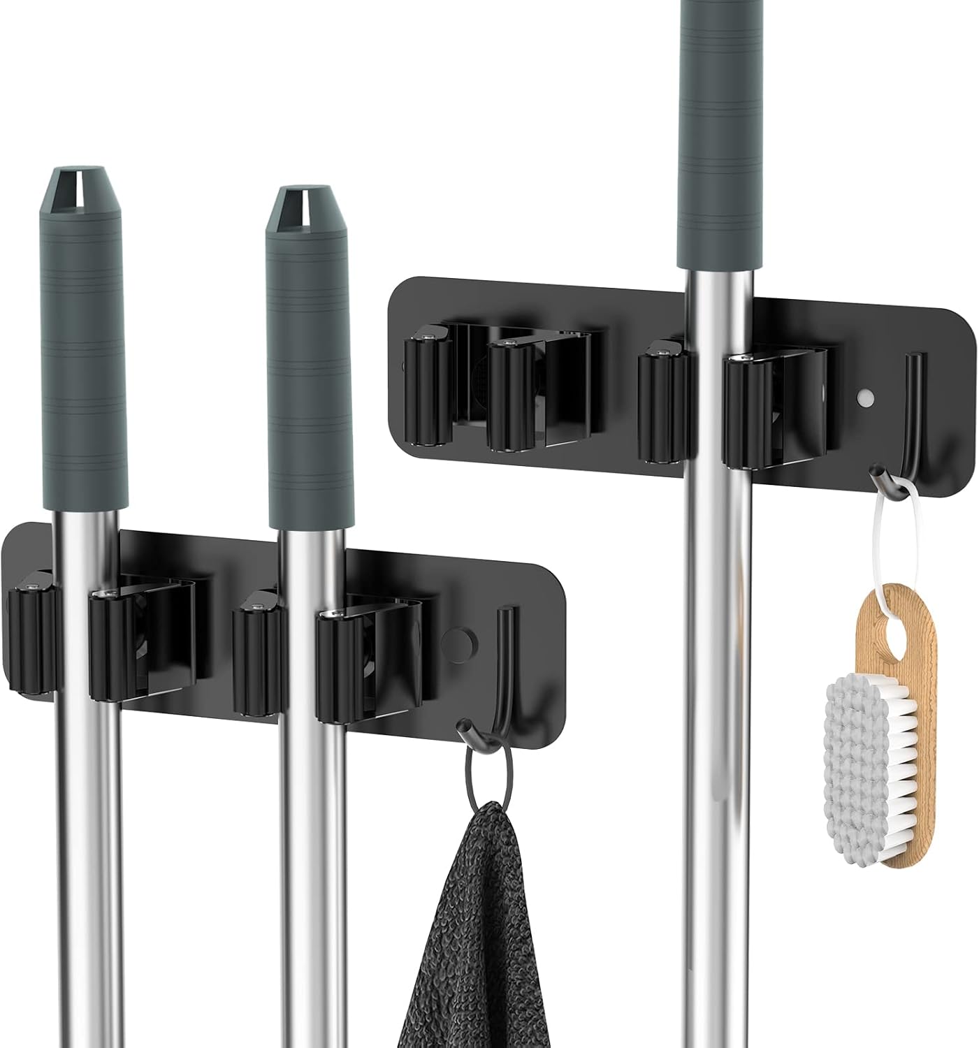 homeasy Wall Mount Mop and Broom Holder, Heavy Duty Stainless Steel Organizer Rack with Hooks | 2-Pack, 2-in-1 No Drill & Screw Installation, Silver