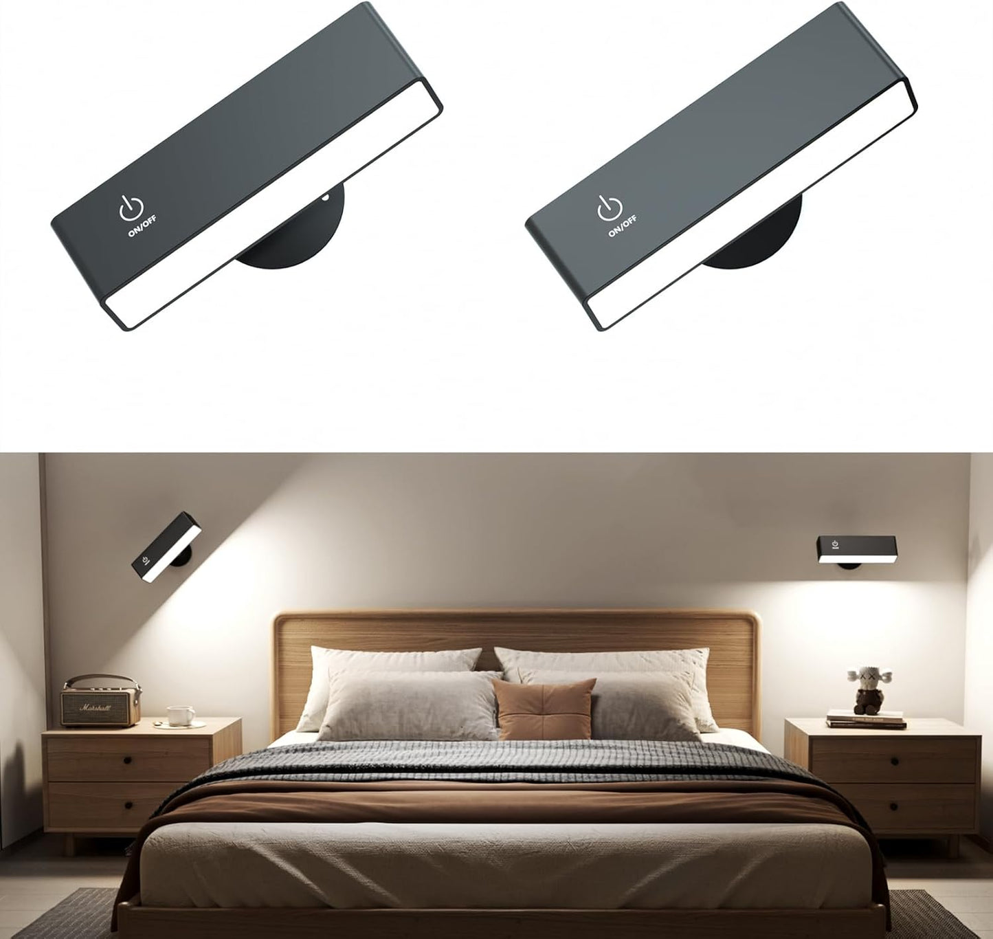 Wireless Wall Sconces 2 Pack, Rechargeable Reading Light for Bed Dimmable | Battery Operated Wireless Wall Light for Bedroom Adjustable Brightness Magnetic 360° Rotation Indoor Black or White