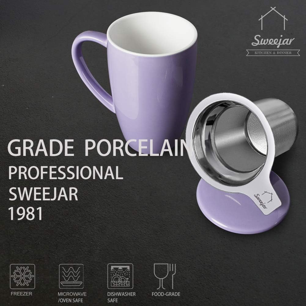 Sweejar Porcelain Tea Infuser Mug with Lid, 16 oz Teacup with Strainers for Loose Leaf Tea, Microwave and Dishwasher Safe Coffee Mug(Purple)