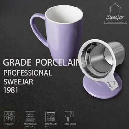 Sweejar Porcelain Tea Infuser Mug with Lid, 16 oz Teacup with Strainers for Loose Leaf Tea, Microwave and Dishwasher Safe Coffee Mug(Purple)