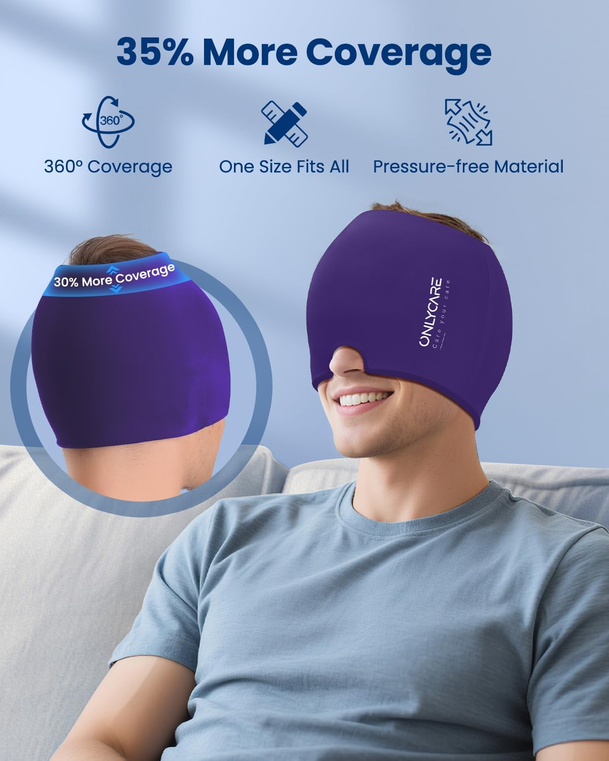 ONLYCARE Migraine Relief Cap, Headache Relief Cold Cap with Odorless Gel | Cooling Hat Head Wrap Soothing Face Ice Pack Mask Products for Tension Stress Hangover & Puffy Eyes, Relaxing Gifts for Women