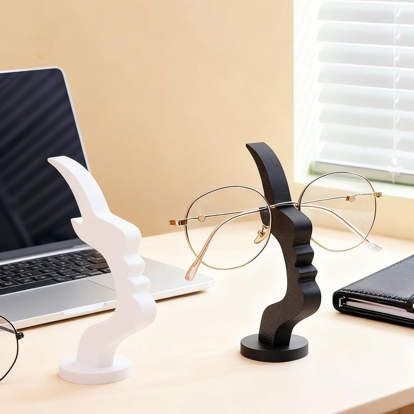 2Packs Modern Face Shaped Eyeglass Holder Stand Eyewear Display Rack Desktop Storage Organizer for Glasses Sunglasses 3D Printed Artistic Decor (black and white)