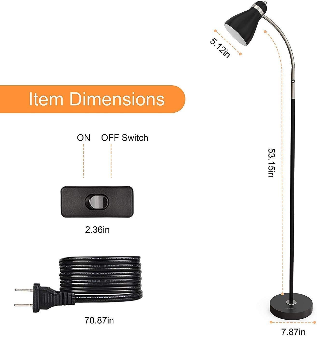 LEPOWER Floor Lamp, Metal Standing Lamp with Adjustable Gooseneck for Dorm | Easy to Assemble, E26 Base, Sturdy Metal Base, Convenient Switch, Task Reading Pole Lights for Office & Bedroom, Living Room