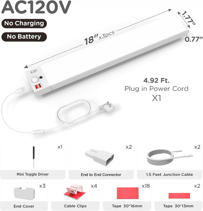Under Cabinet Lighting Plug in, AC120V 3CCT 3000/4000/5000K Motion Sensor Light Indoor with Timer, Super Bright Linkable LED Counter Light for Kitchen, Closet, White 12 Inch, 1Pack