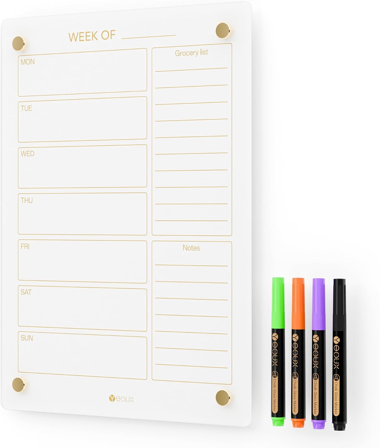 Yeoux Clear Glass Golden Weekly & Menu Dry Erase Calendar Board 15“x11 | Wall Mount, Non-Magnetic, Meal Planning & Grocery Shopping List Whiteboard for Kitchen & Home, 4 Markers