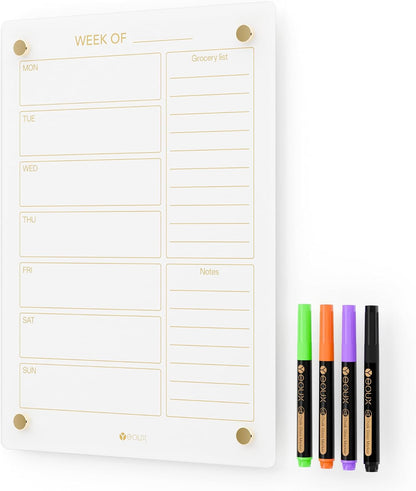 Yeoux Clear Glass Golden Weekly & Menu Dry Erase Calendar Board 15“x11 | Wall Mount, Non-Magnetic, Meal Planning & Grocery Shopping List Whiteboard for Kitchen & Home, 4 Markers