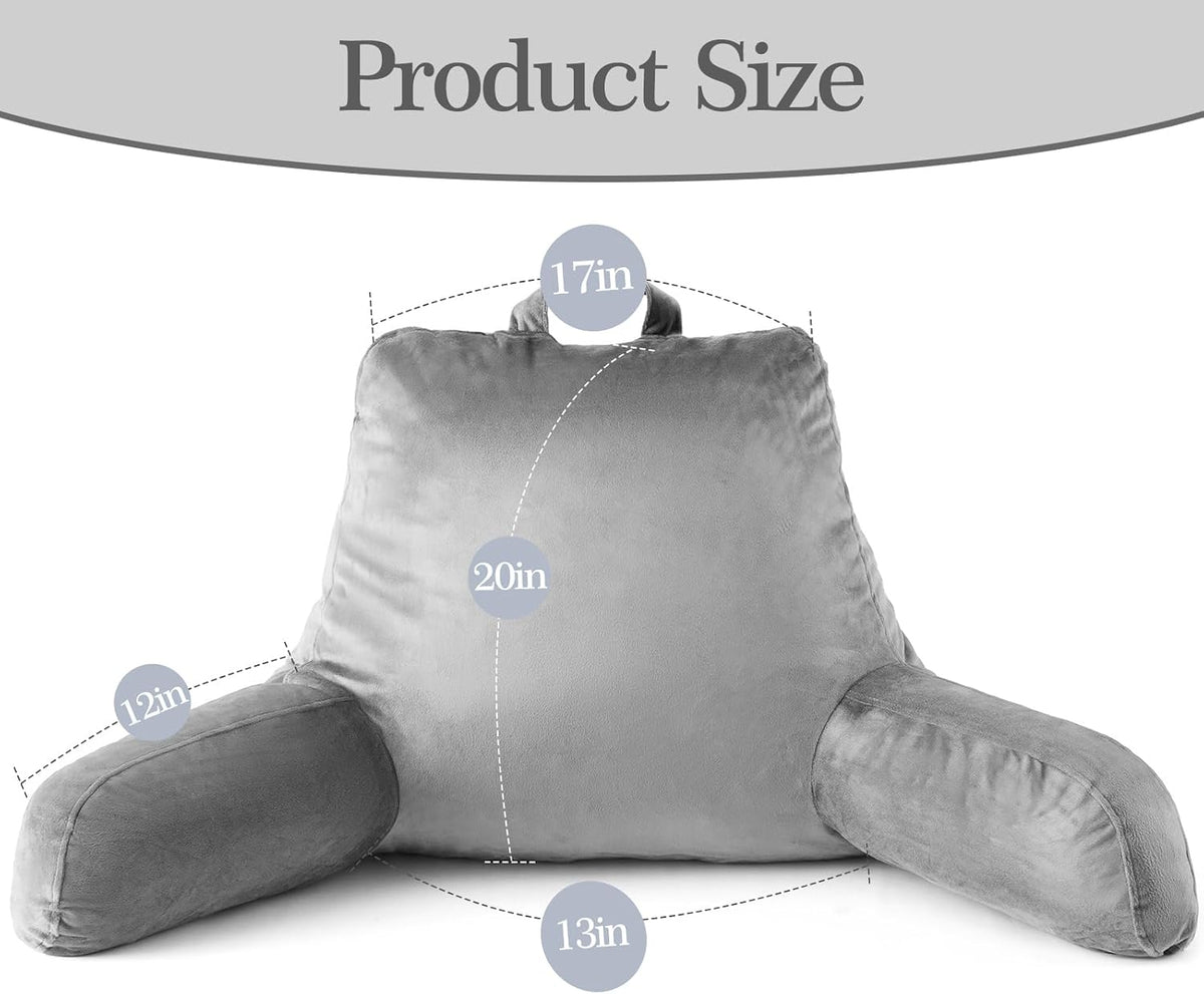 Reading Pillow for Bed with Arm Support, Large Backrest Cushion for Sitting Up in Bed, Plush Ergonomic Back Pillow for Reading, Watching TV, Gaming & Relaxing,Pillow with Shredded Memory Foam,Grey
