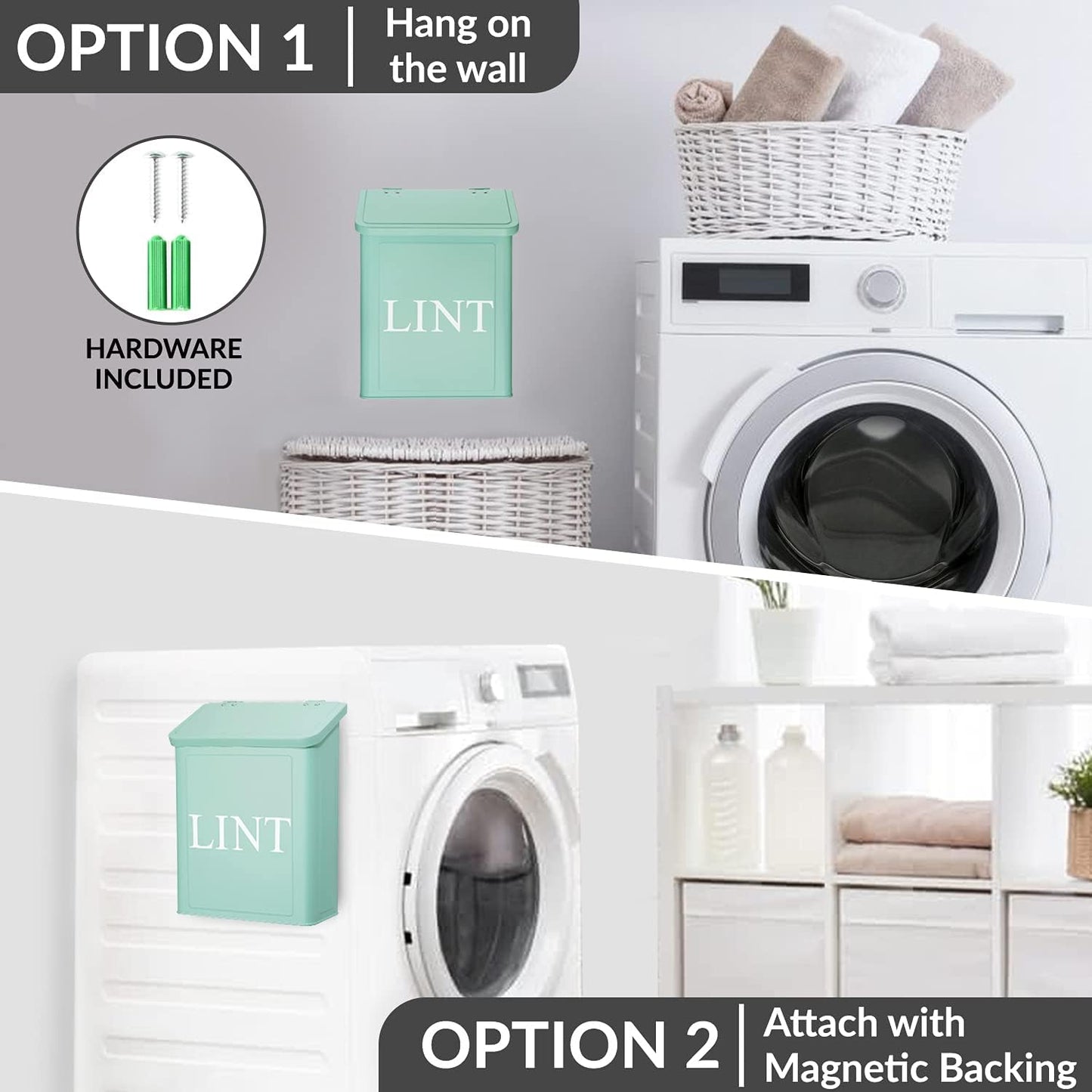 Calindiana Modern Farmhouse Metal Magnetic Lint Bin with Lid and Laundry Room Organization and Storage Wall Mount Space Saving Washer and Dryer Trash Can (White (LINT Brush Set))