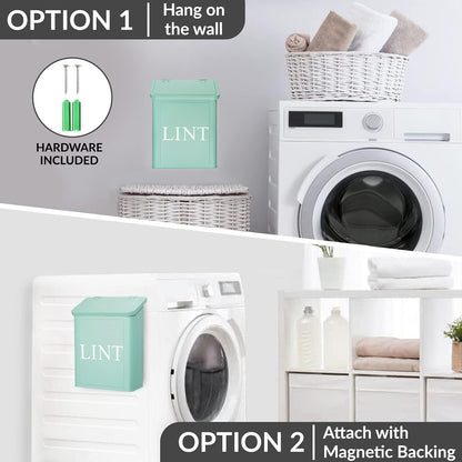 Calindiana Modern Farmhouse Metal Magnetic Lint Bin with Lid and Laundry Room Organization and Storage Wall Mount Space Saving Washer and Dryer Trash Can (White (LINT Brush Set))