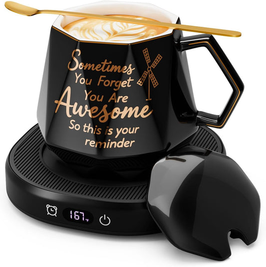 Coffee Mug Warmer Set Smart Heated Electric Tea Coffee Cup Warmer for Desk | Coffee Warmer with Mug Set, Beverage Candle Heater, 4 Temperature Control 8 Hours Auto Shut Off, Coffee Gifts for Men Office