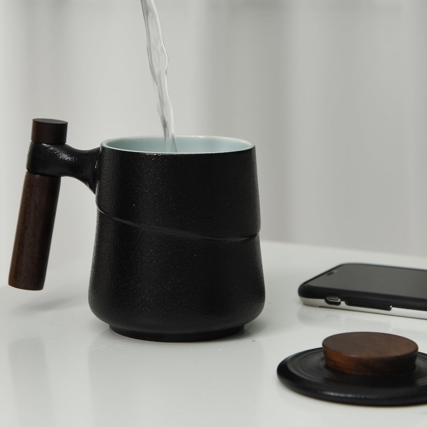 Tea Cup with Infuser and Lid, Rural style Wood Handle Ceramic Mugs Green | Tea Mug Cups with Infuser, Capacity about 320ml / 10.82 OZ, Suitable for Tea, Flower Buds, Coffee, Water, it is LEAD-FREE